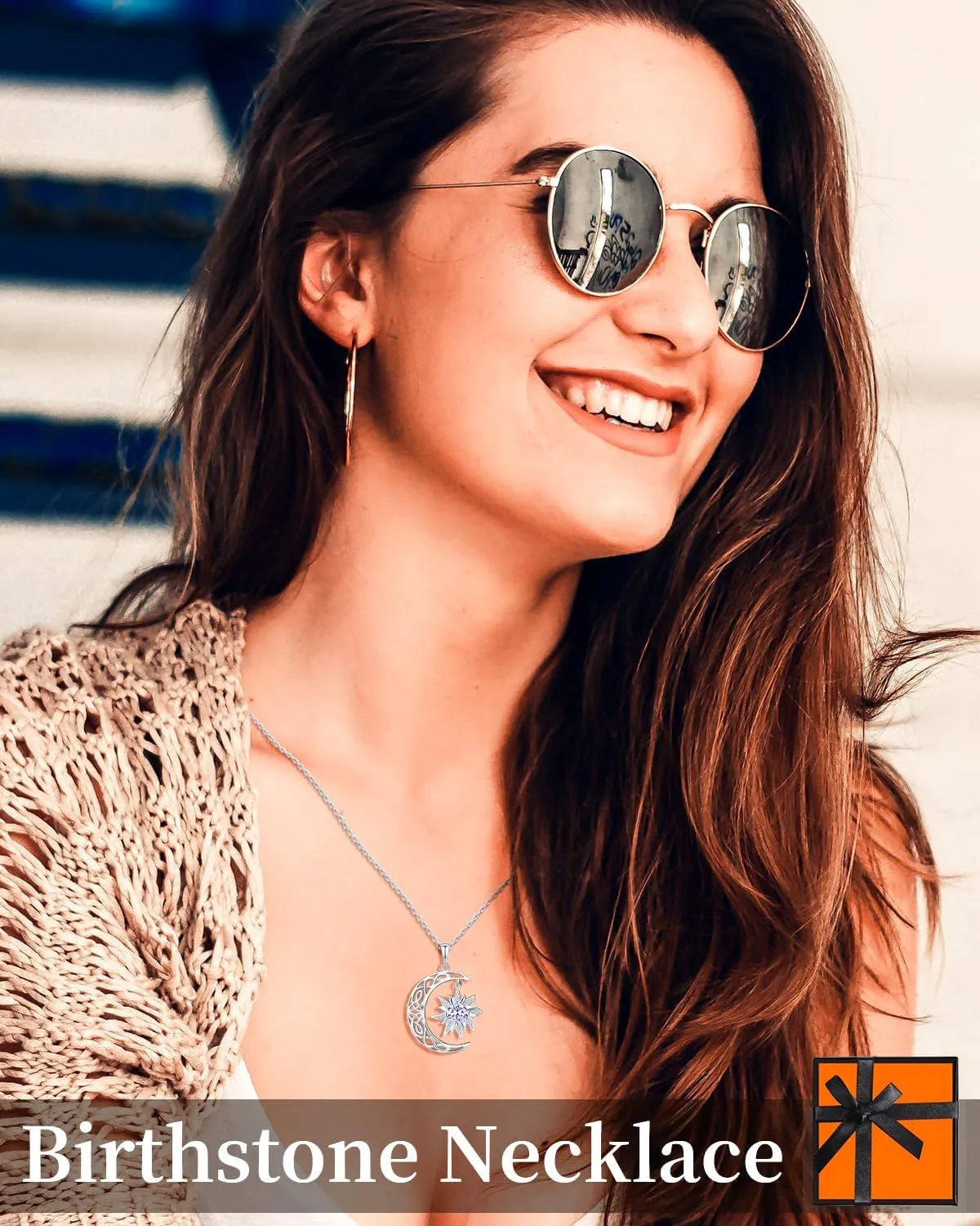 BDL Birthstone Necklaces for Women, 925 Sterling Silver Sun Moon Witch Jewelry Christmas Gifts