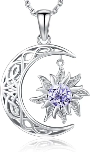 BDL Birthstone Necklaces for Women, 925 Sterling Silver Sun Moon Witch Jewelry Christmas Gifts