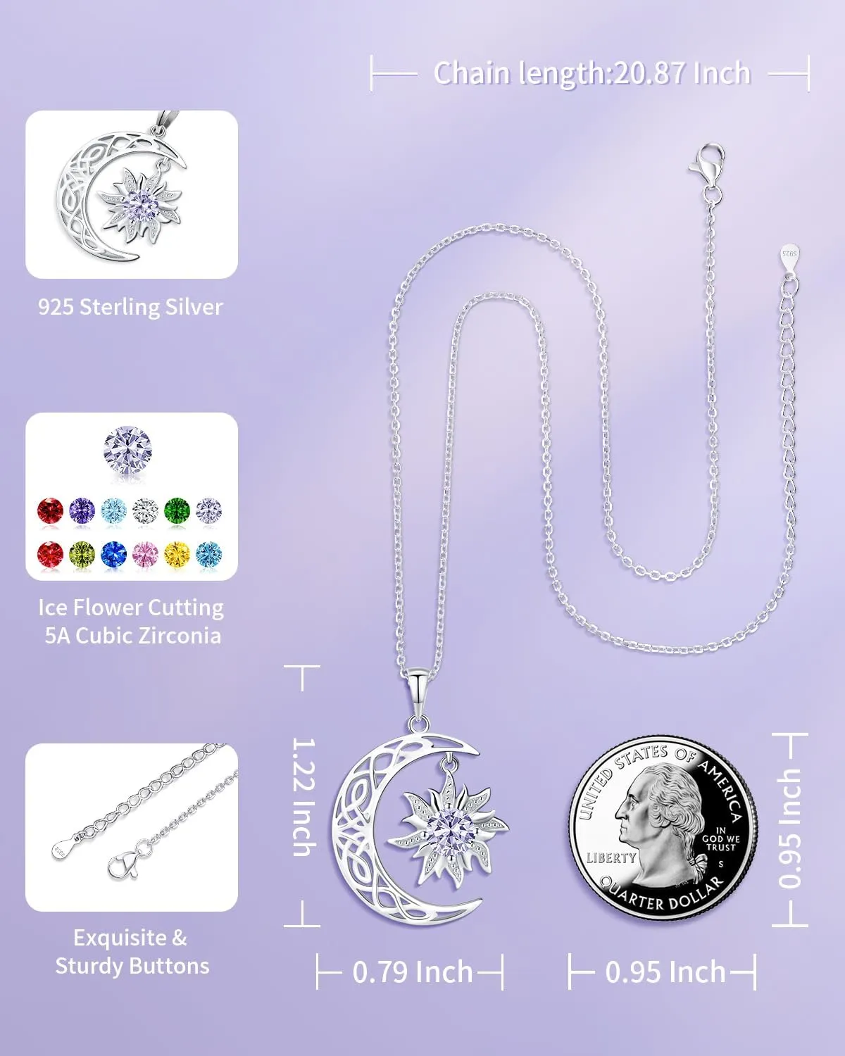 BDL Birthstone Necklaces for Women, 925 Sterling Silver Sun Moon Witch Jewelry Christmas Gifts