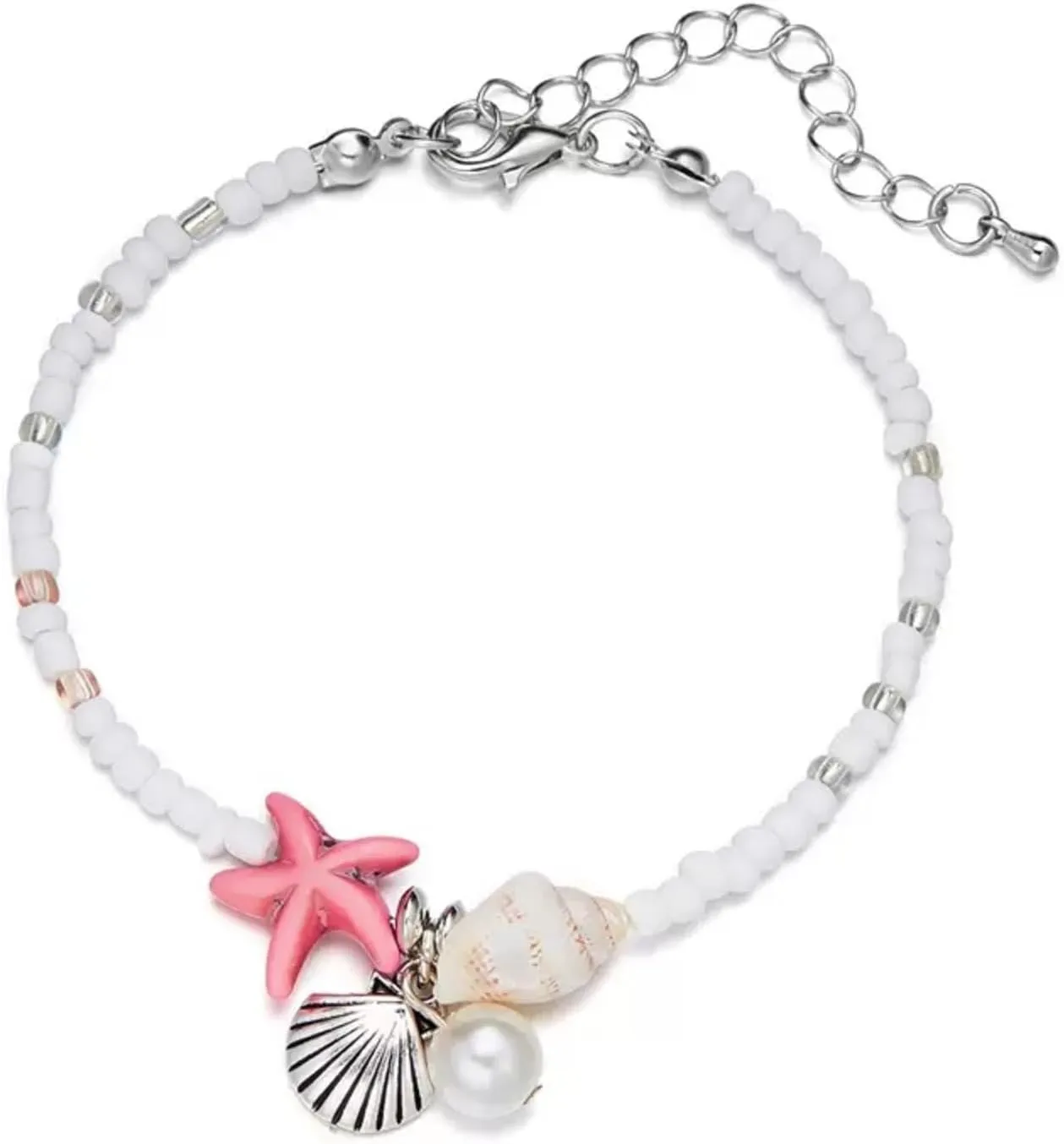 Beach Puka Shell Anklet for Women Waterproof Beaded Ankle Bracelets Adjustable Starfish Seashell Pearl Foot Chain Boho Jewerly Present for Summer Beach Party
