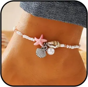 Beach Puka Shell Anklet for Women Waterproof Beaded Ankle Bracelets Adjustable Starfish Seashell Pearl Foot Chain Boho Jewerly Present for Summer Beach Party