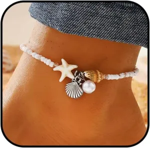 Beach Puka Shell Anklet for Women Waterproof Beaded Ankle Bracelets Adjustable Starfish Seashell Pearl Foot Chain Boho Jewerly Present for Summer Beach Party