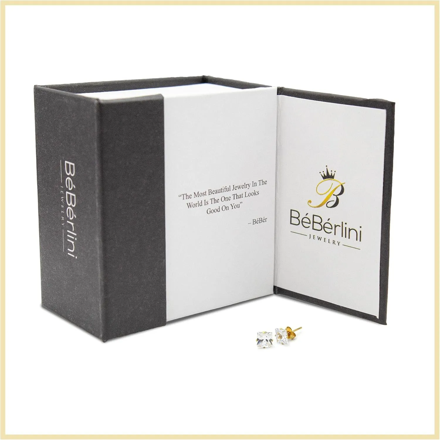 BEBERLINI Square Stud Earrings 14K Gold Plated Silver Black Cubic Zirconia Ear Piercing Stainless Steel Jewelry Men 3-10 mm
