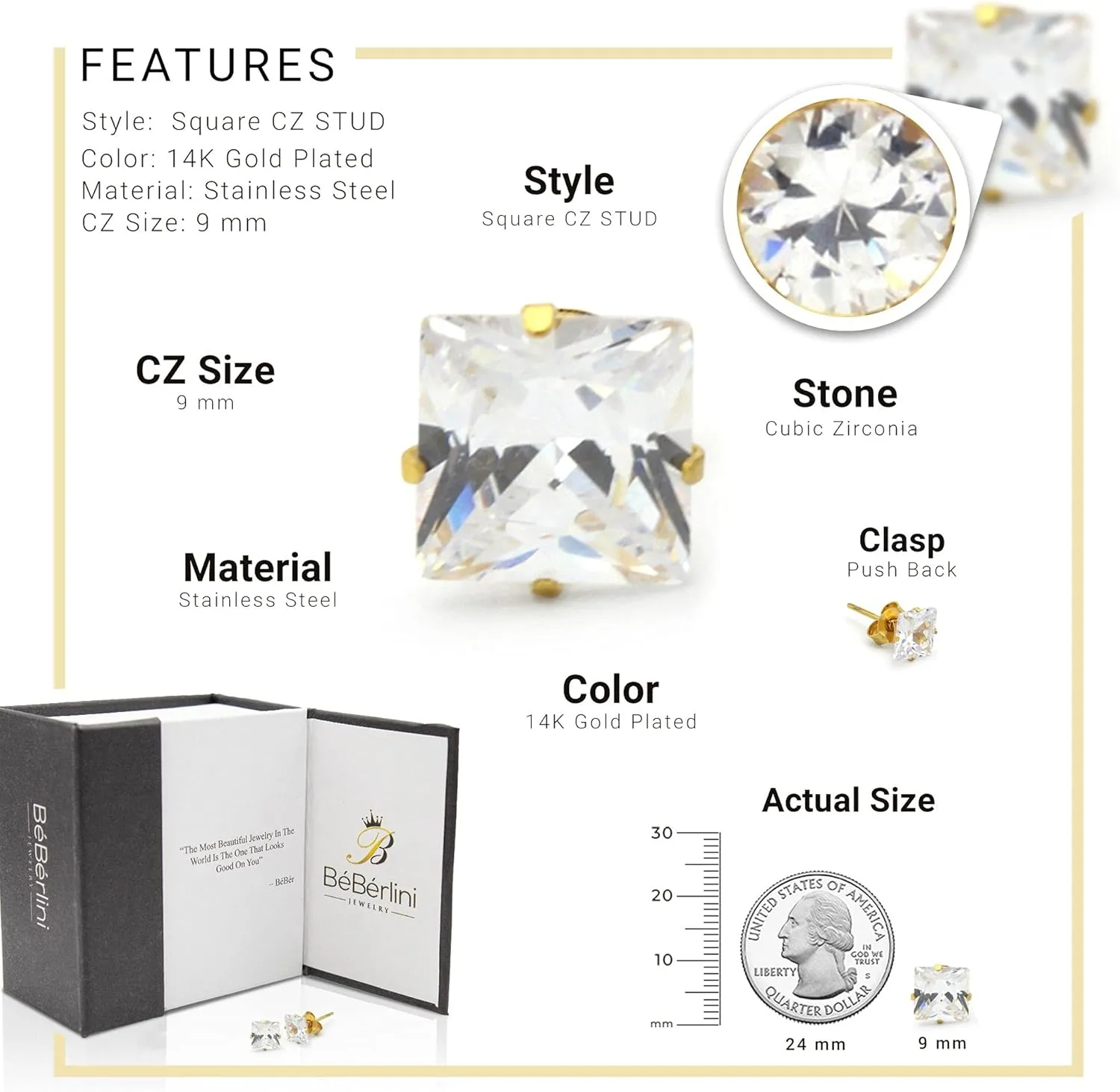 BEBERLINI Square Stud Earrings 14K Gold Plated Silver Black Cubic Zirconia Ear Piercing Stainless Steel Jewelry Men 3-10 mm