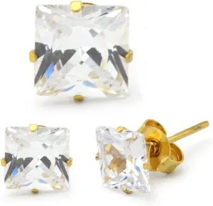 BEBERLINI Square Stud Earrings 14K Gold Plated Silver Black Cubic Zirconia Ear Piercing Stainless Steel Jewelry Men 3-10 mm