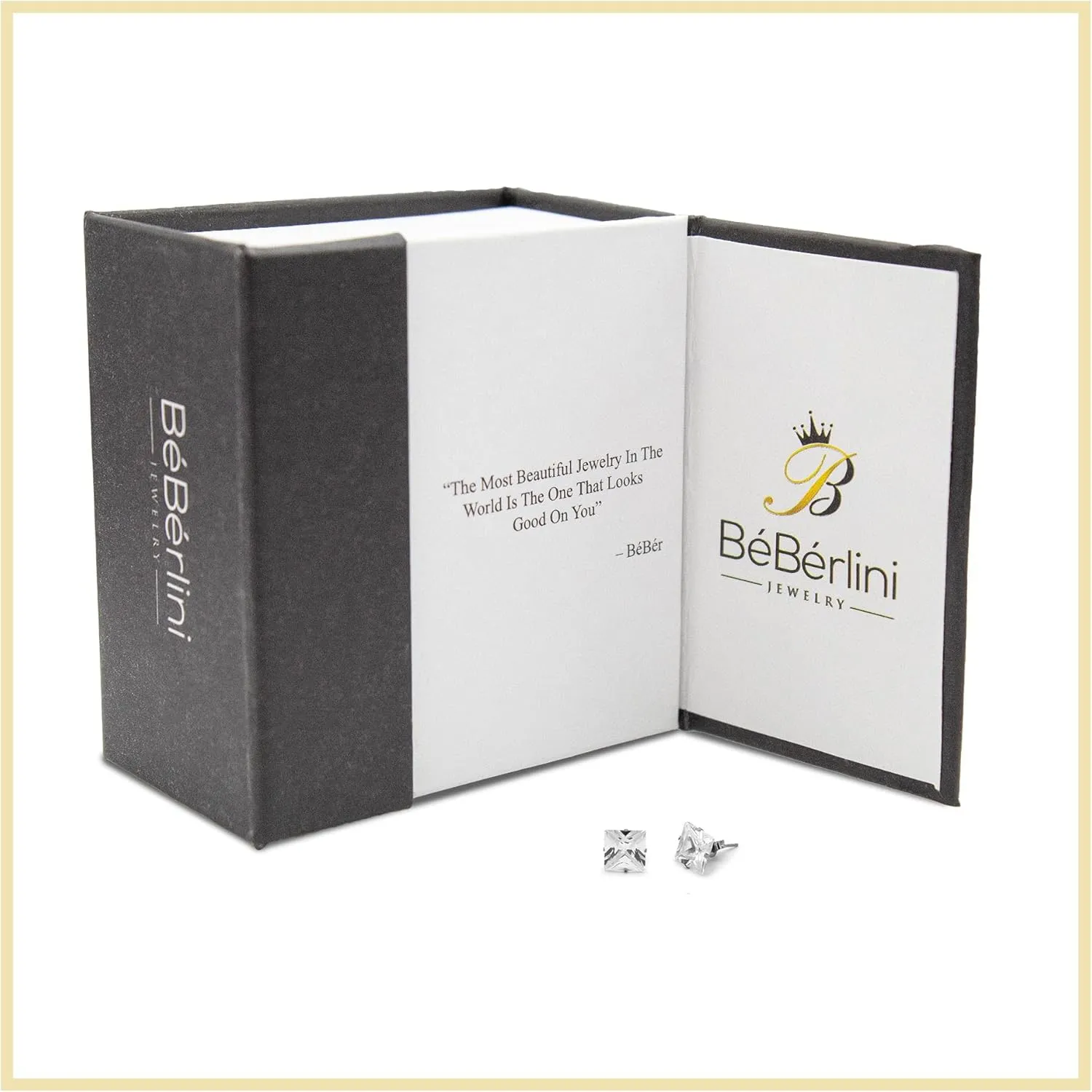 BEBERLINI Square Stud Earrings 14K Gold Plated Silver Black Cubic Zirconia Ear Piercing Stainless Steel Jewelry Men 3-10 mm
