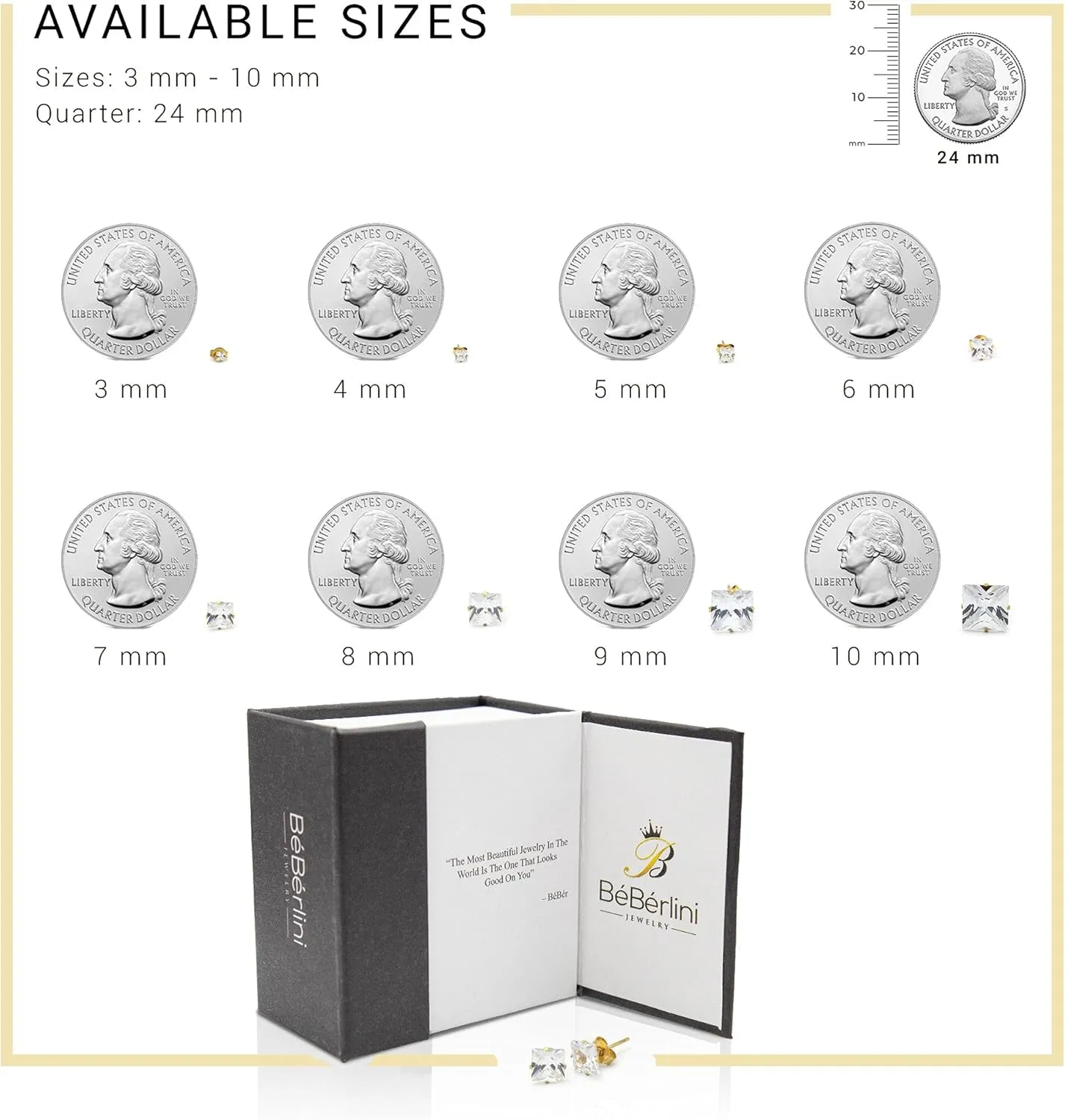 BEBERLINI Square Stud Earrings 14K Gold Plated Silver Black Cubic Zirconia Ear Piercing Stainless Steel Jewelry Men 3-10 mm