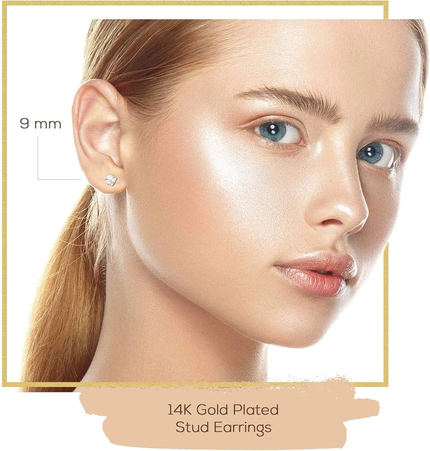 BEBERLINI Square Stud Earrings 14K Gold Plated Silver Black Cubic Zirconia Ear Piercing Stainless Steel Jewelry Men 3-10 mm
