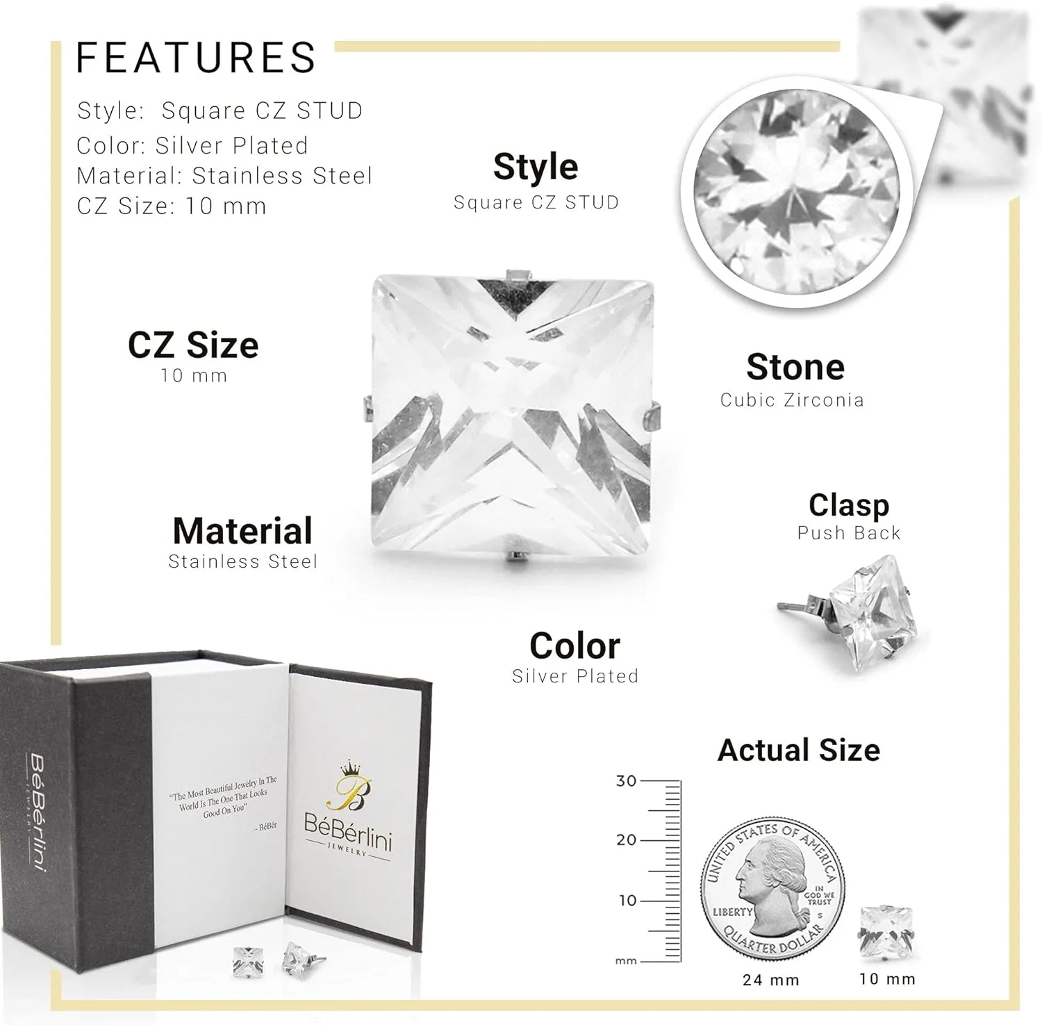 BEBERLINI Square Stud Earrings 14K Gold Plated Silver Black Cubic Zirconia Ear Piercing Stainless Steel Jewelry Men 3-10 mm