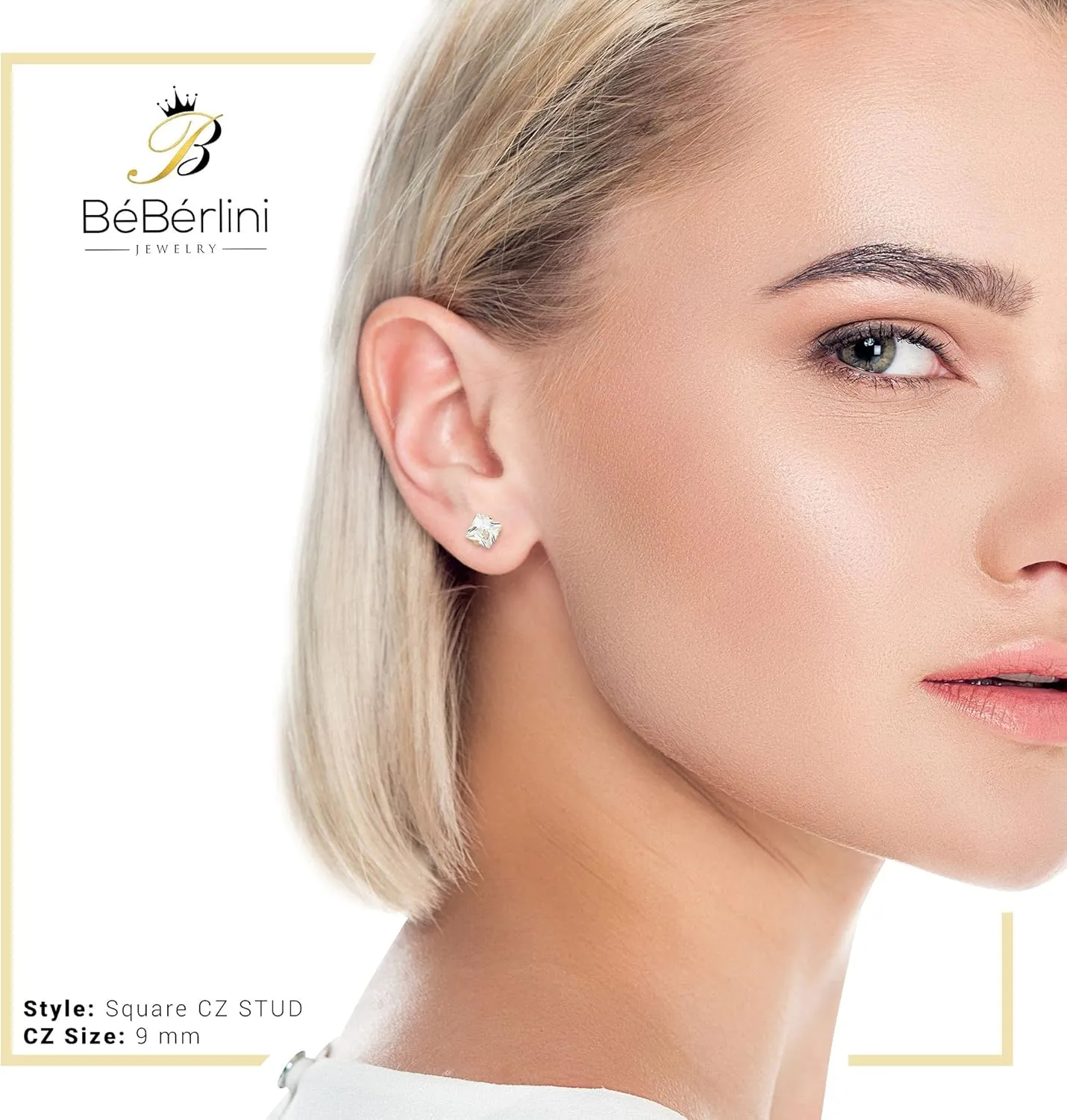 BEBERLINI Square Stud Earrings 14K Gold Plated Silver Black Cubic Zirconia Ear Piercing Stainless Steel Jewelry Men 3-10 mm