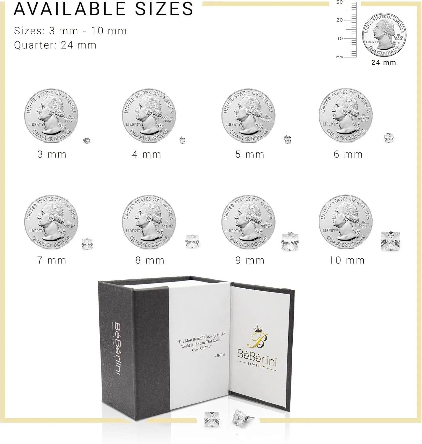 BEBERLINI Square Stud Earrings 14K Gold Plated Silver Black Cubic Zirconia Ear Piercing Stainless Steel Jewelry Men 3-10 mm