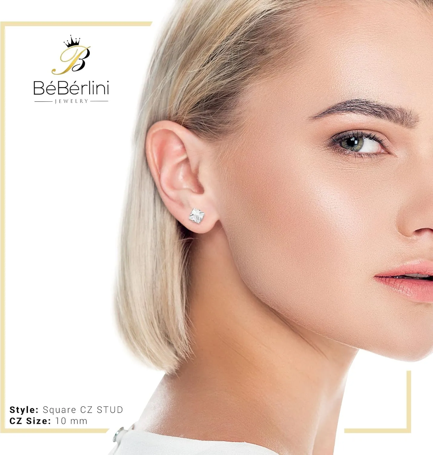 BEBERLINI Square Stud Earrings 14K Gold Plated Silver Black Cubic Zirconia Ear Piercing Stainless Steel Jewelry Men 3-10 mm