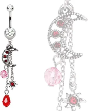 Belly Button Ring 316L Stainless Steel Sun & Moon Dangle Navel Ring