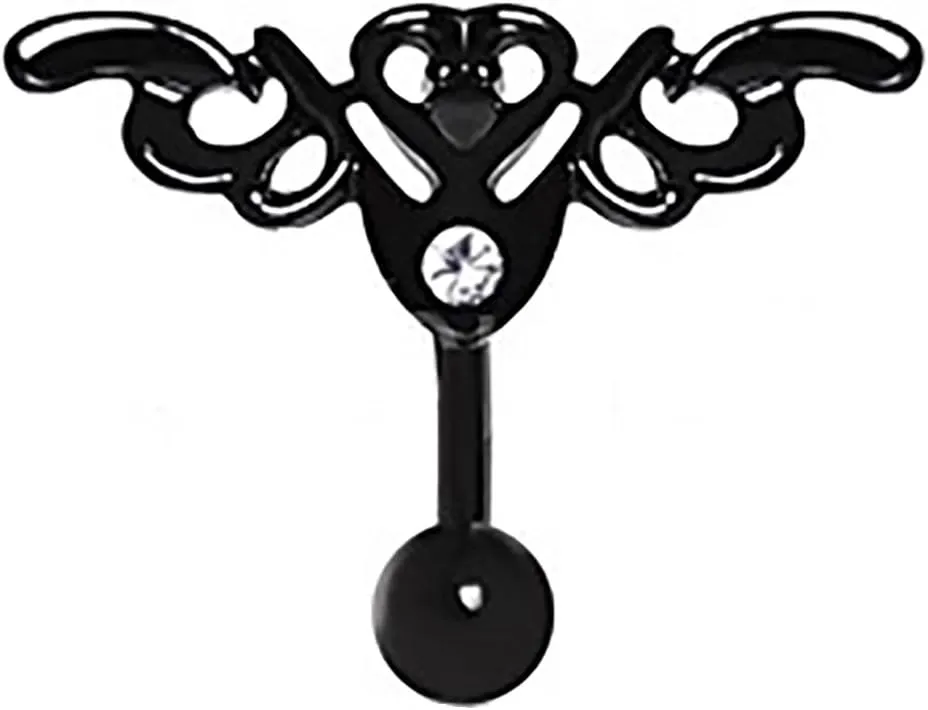 Belly Button Ring Navel Tribal Winged Heart with Gem Black Top Down
