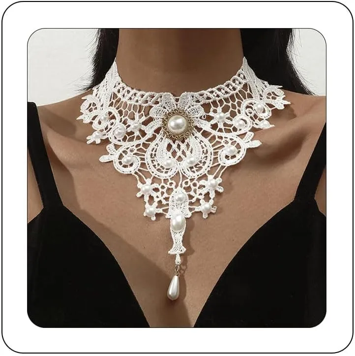 Bethynas Gothic Black Lace Crystal Choker Necklace Sexy Gemstone Pendant Neck Chain Halloween Costume Jewelry for Women