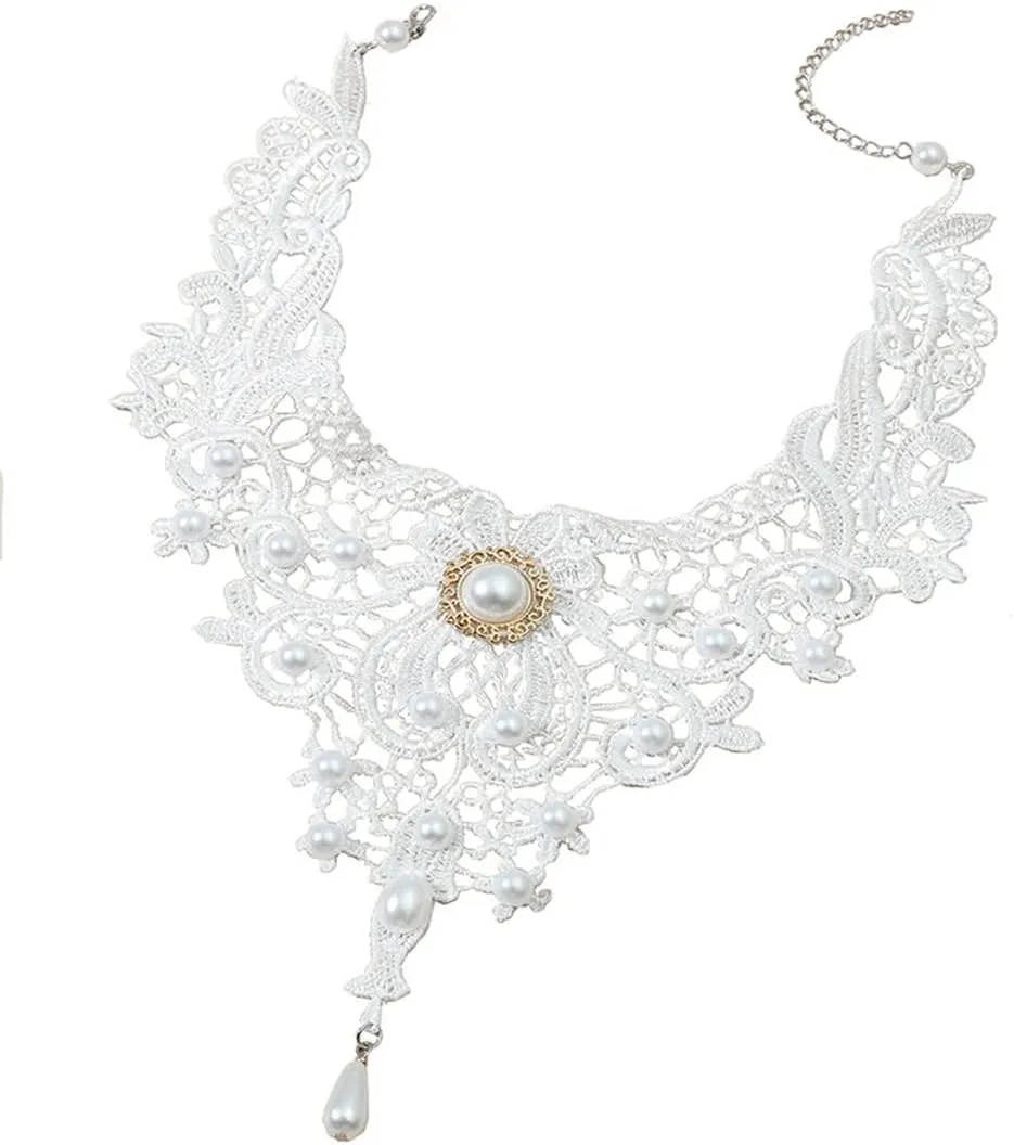 Bethynas Gothic Black Lace Crystal Choker Necklace Sexy Gemstone Pendant Neck Chain Halloween Costume Jewelry for Women
