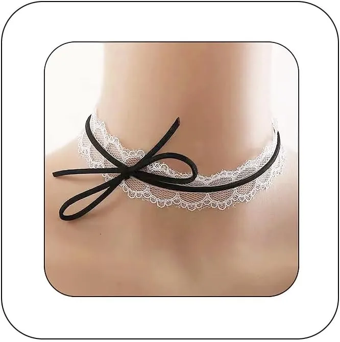 Bethynas Gothic Sexy Lace Choker Necklace Vintage White Lace Bowknot Collar Neck Chain Bridal Weeding Party Pearl Neck Accessories Lolita Cosplay Costume Jewelry for Women