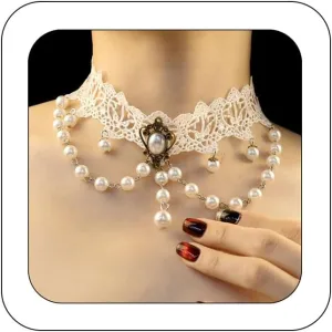 Bethynas Gothic White Lace Crystal Choker Necklace Vintage Gemstone Pendant Collar Neck Chain Bridal Weeding Party Pearl Neck Accessory Lolita Cosplay Costume Jewelry for Women