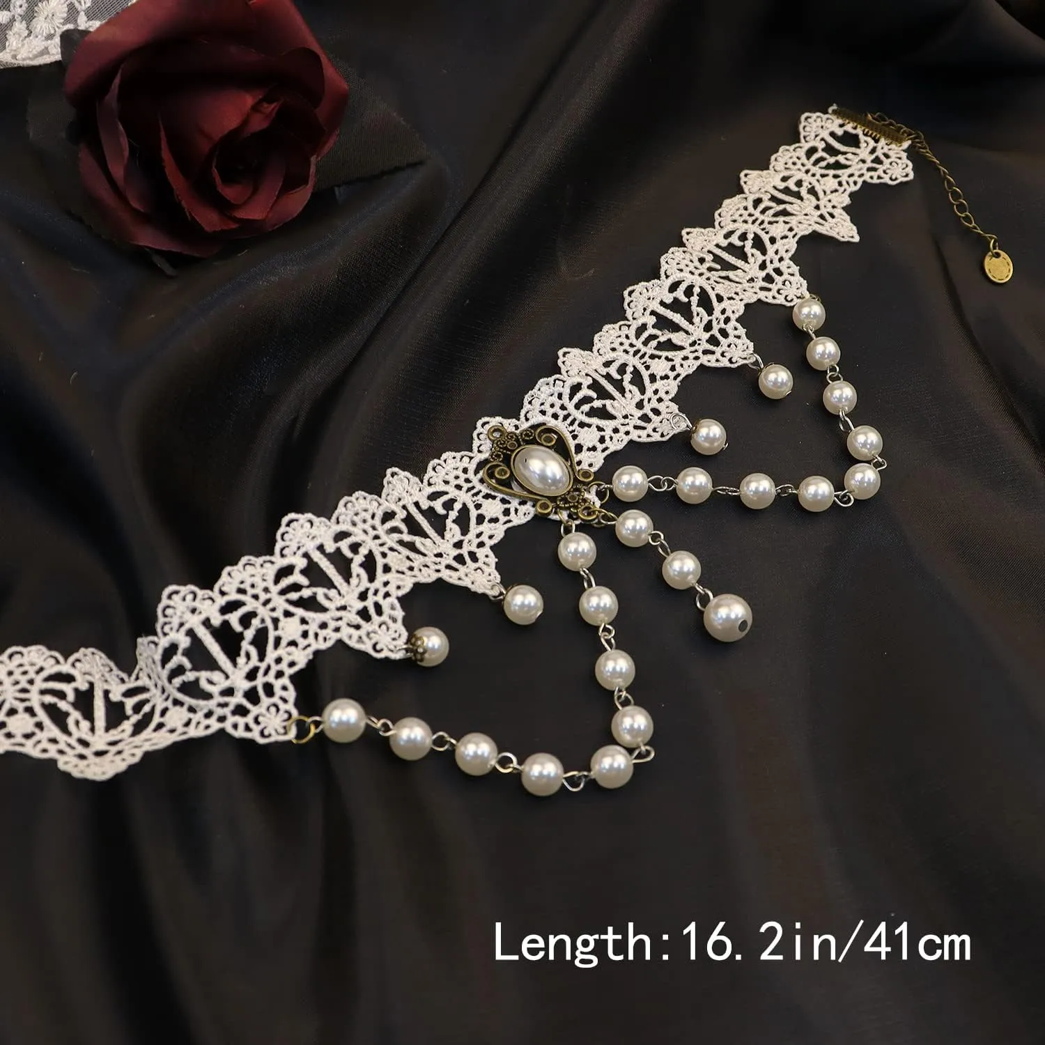 Bethynas Gothic White Lace Crystal Choker Necklace Vintage Gemstone Pendant Collar Neck Chain Bridal Weeding Party Pearl Neck Accessory Lolita Cosplay Costume Jewelry for Women
