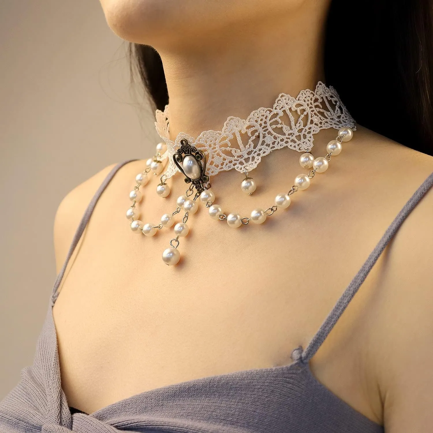 Bethynas Gothic White Lace Crystal Choker Necklace Vintage Gemstone Pendant Collar Neck Chain Bridal Weeding Party Pearl Neck Accessory Lolita Cosplay Costume Jewelry for Women