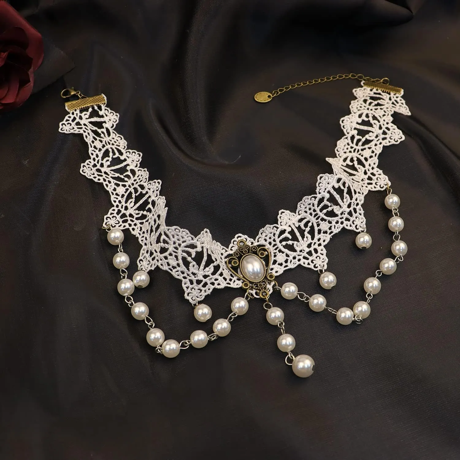 Bethynas Gothic White Lace Crystal Choker Necklace Vintage Gemstone Pendant Collar Neck Chain Bridal Weeding Party Pearl Neck Accessory Lolita Cosplay Costume Jewelry for Women