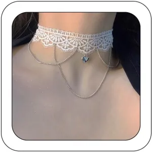 Bethynas Gothic White Lace Sexy Choker Necklace Heart Butterfly Pendant Tassel Collar Neck Chain Bridal Wedding Jewelry for Women Girls