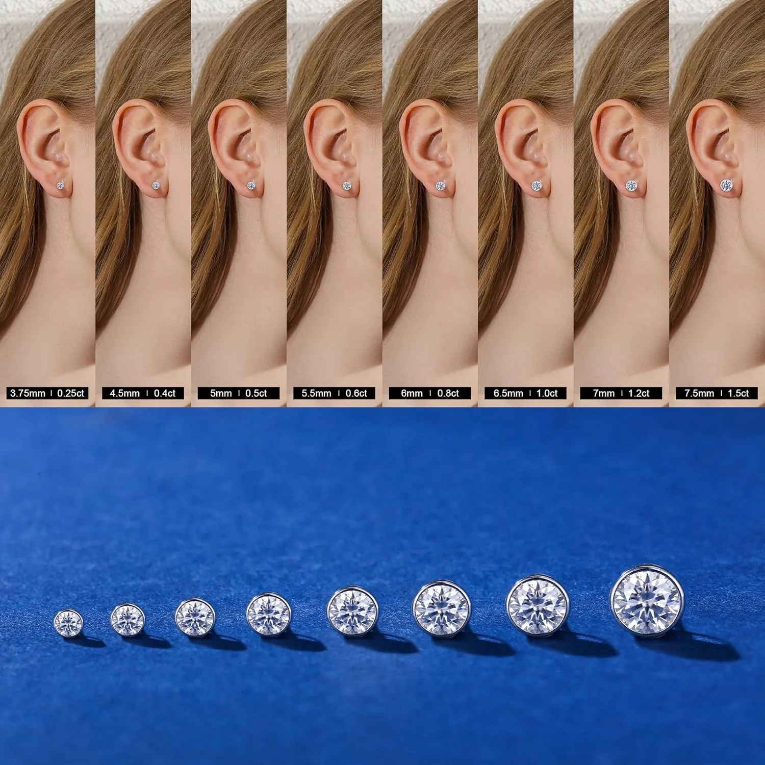 Bezel Setting Moissanite Earrings for Women, 0.5-3ct D Color VVS1 Clarity Lab Created Diamond Earrings 14K White Gold Vermeil S925 Sterling Silver Friction Back Moissanite Stud Earrings for Women