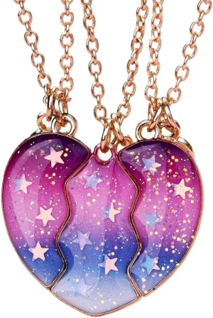 BFF Necklace for 3, Split Heart Matching Star Magnetic Pendant Best Friends Necklaces for Women