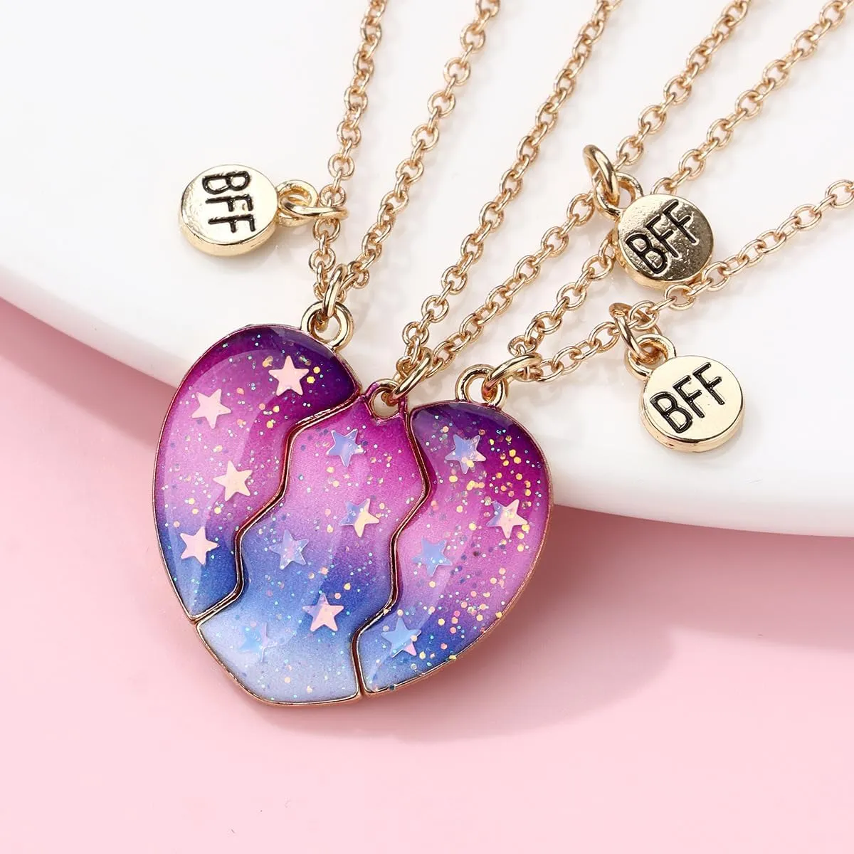 BFF Necklace for 3, Split Heart Matching Star Magnetic Pendant Best Friends Necklaces for Women
