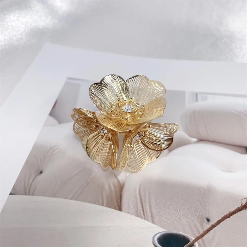 Big CZ Flower Statement Ring for Women Fashion Dainty Gold Silver Plated Filigree Floral Adjustable Open Wedding Promise Wrap Finger Rings Comfort Fit Jewelry
