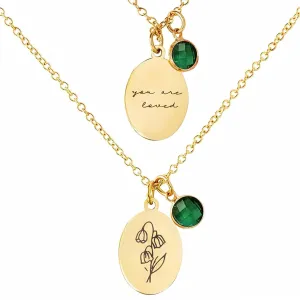 Birth Flower Necklaces for Women Trendy, 18K Gold Plated Dainty Birthstone Pendant Necklace Handmade Oval Coin Birthday Gifts for Women Girls Teens Birth Month Flower Jewelry