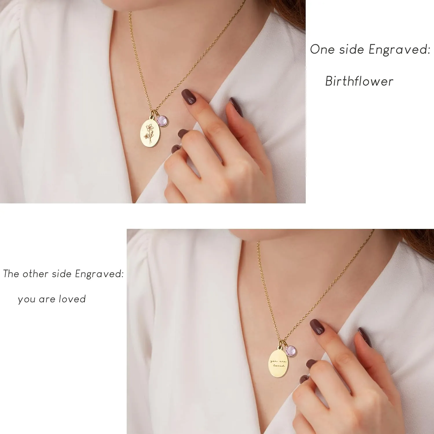 Birth Flower Necklaces for Women Trendy, 18K Gold Plated Dainty Birthstone Pendant Necklace Handmade Oval Coin Birthday Gifts for Women Girls Teens Birth Month Flower Jewelry