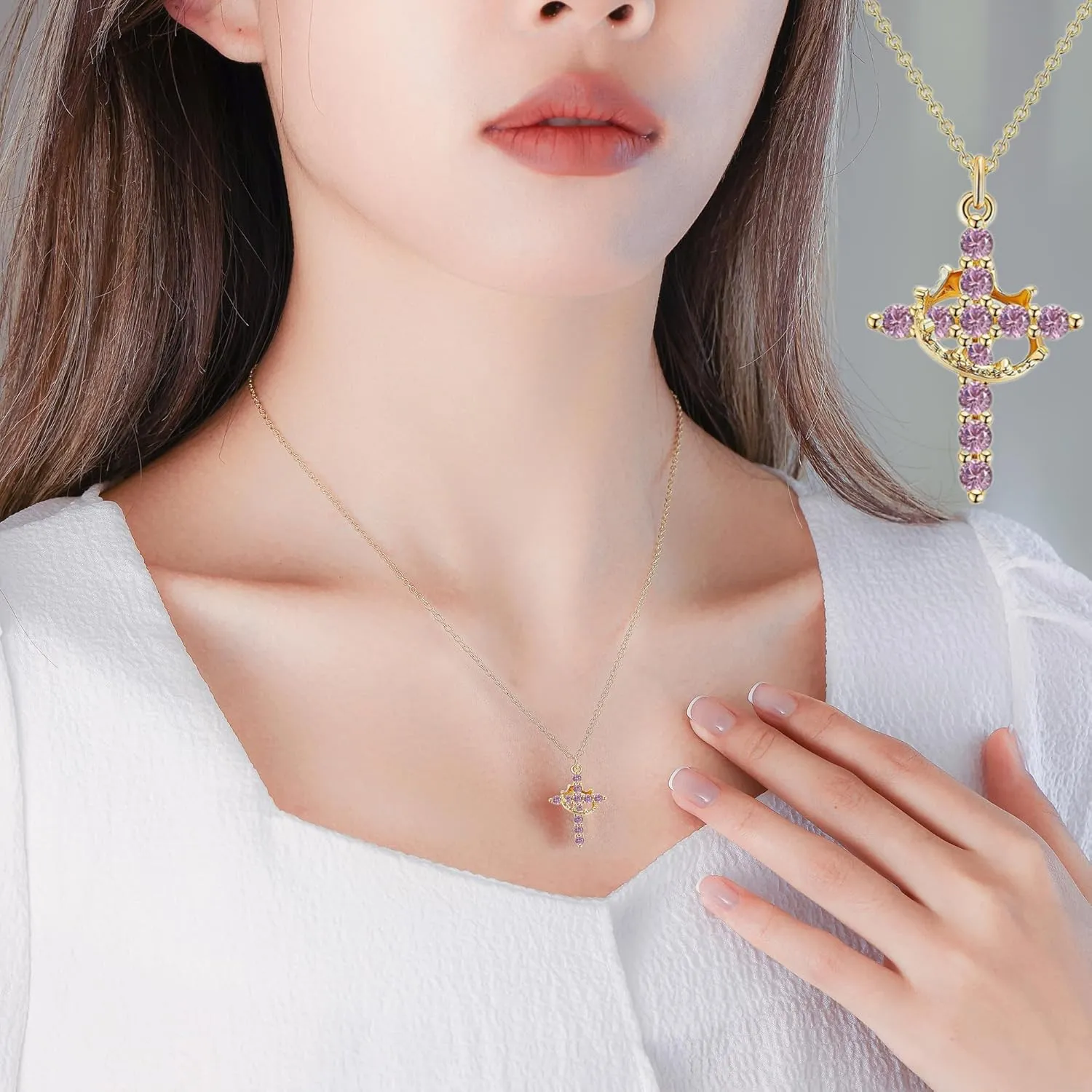 Birthstone Cross with Cown Necklace for Women Christian Faith Jewelry Dainty Cross Crown Necklace for Women Cubic Zirconia Pendant Religious Gifts for Christian