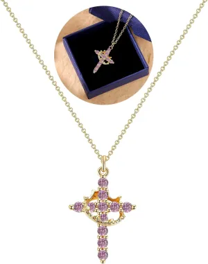 Birthstone Cross with Cown Necklace for Women Christian Faith Jewelry Dainty Cross Crown Necklace for Women Cubic Zirconia Pendant Religious Gifts for Christian