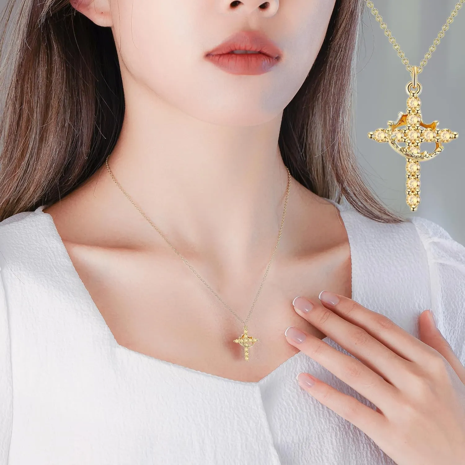 Birthstone Cross with Cown Necklace for Women Christian Faith Jewelry Dainty Cross Crown Necklace for Women Cubic Zirconia Pendant Religious Gifts for Christian