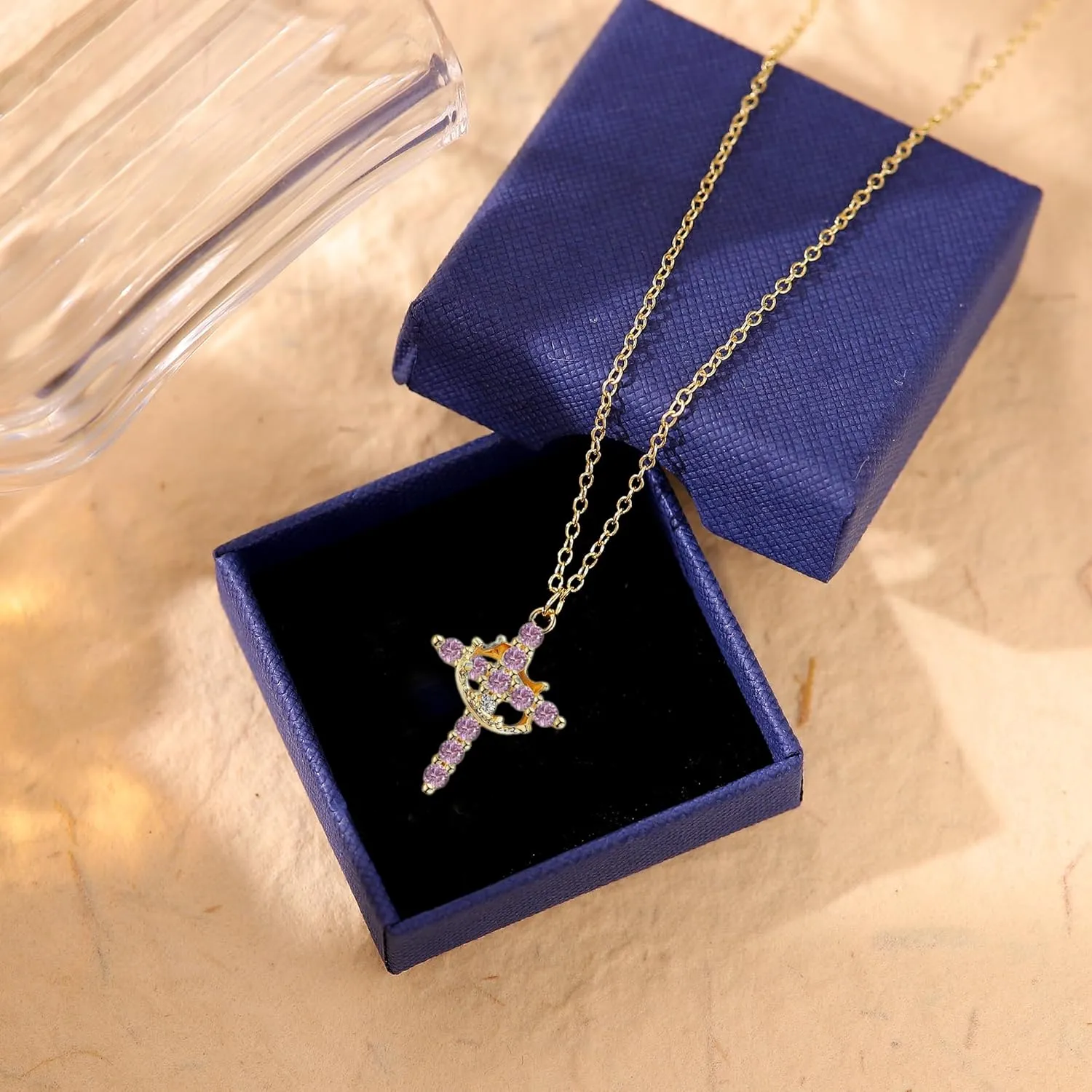 Birthstone Cross with Cown Necklace for Women Christian Faith Jewelry Dainty Cross Crown Necklace for Women Cubic Zirconia Pendant Religious Gifts for Christian