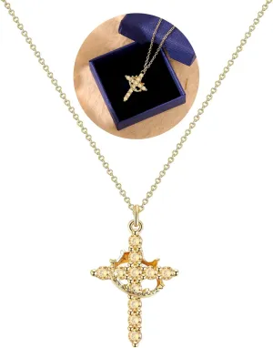 Birthstone Cross with Cown Necklace for Women Christian Faith Jewelry Dainty Cross Crown Necklace for Women Cubic Zirconia Pendant Religious Gifts for Christian