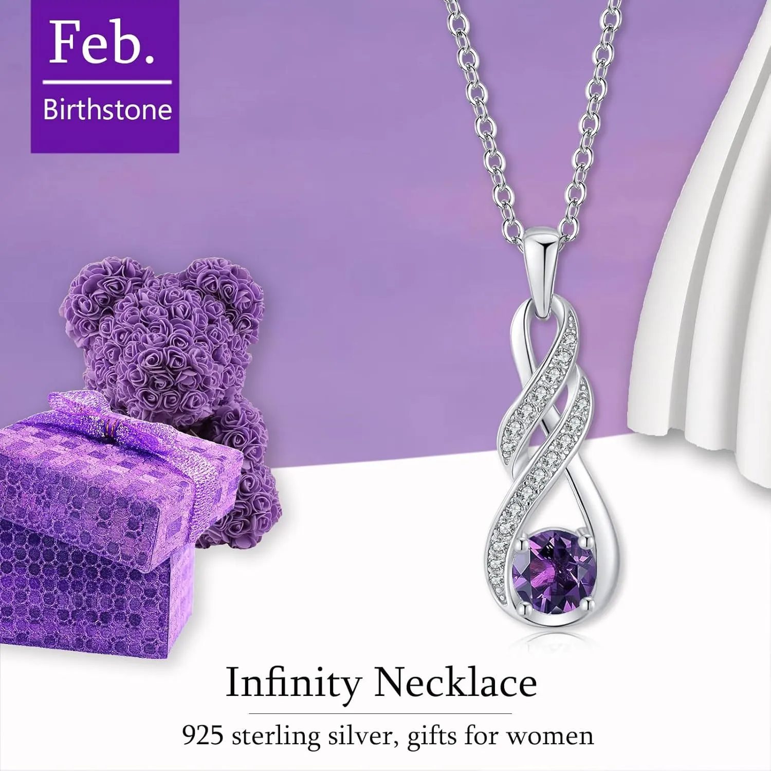 Birthstone Necklaces for Women 925 Sterling Silver Infinity Pendant White Gold Jewelry for Her, 16" 2"