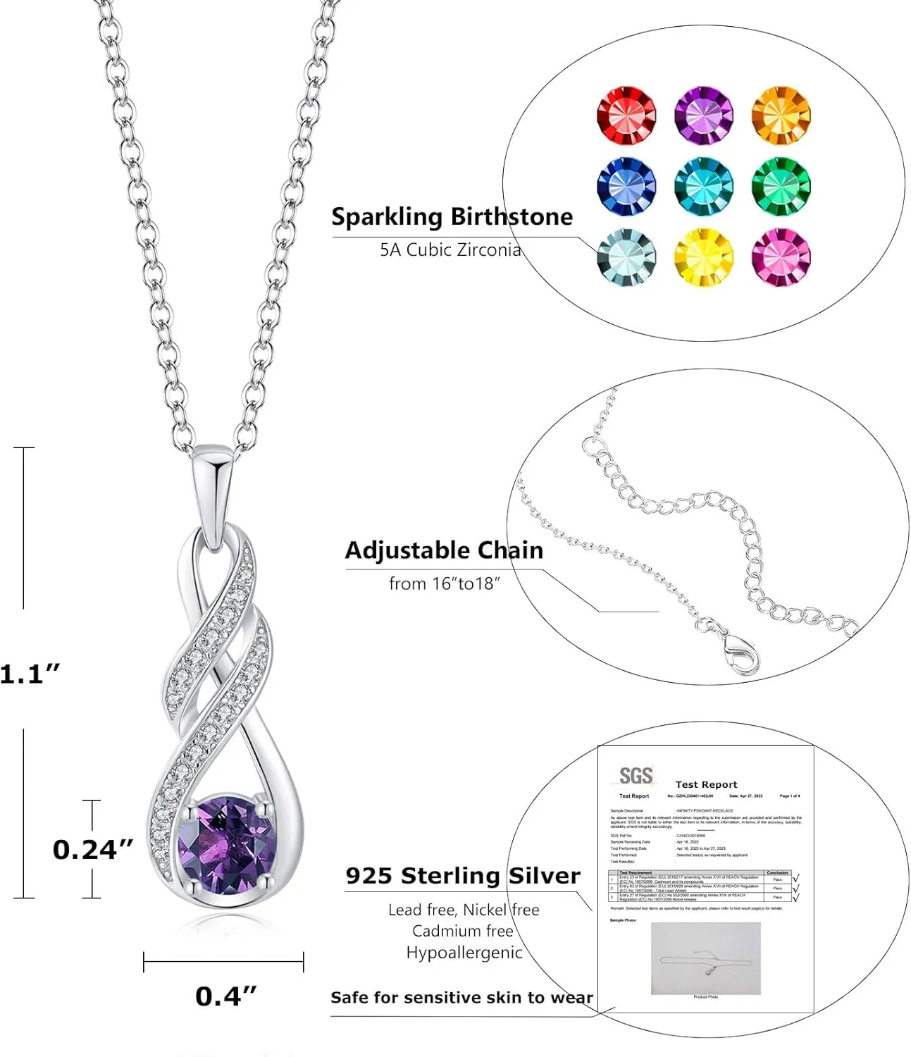 Birthstone Necklaces for Women 925 Sterling Silver Infinity Pendant White Gold Jewelry for Her, 16" 2"