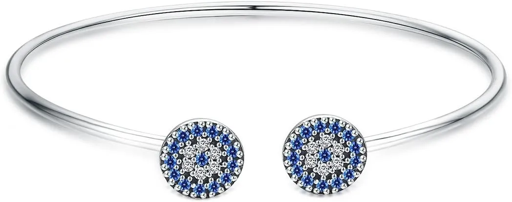 BISAER 925 Sterling Silver Blue Evil Eye Bracelet with Cubic Zirconia Hamsa Adjustable Chain Bracelets for Women