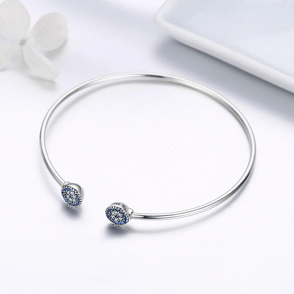 BISAER 925 Sterling Silver Blue Evil Eye Bracelet with Cubic Zirconia Hamsa Adjustable Chain Bracelets for Women