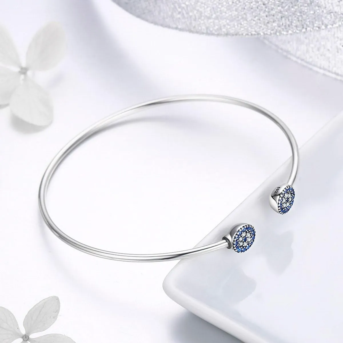 BISAER 925 Sterling Silver Blue Evil Eye Bracelet with Cubic Zirconia Hamsa Adjustable Chain Bracelets for Women