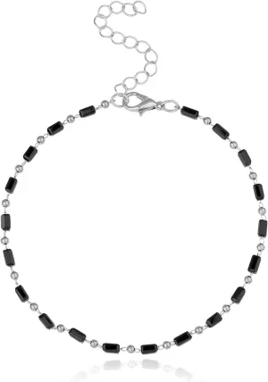 Black Crystal Beads Anklet Dainty Black Glass Bar Beads Link Chain Anklet Bracelet for Women Barefoot Sandal Vacation Bikini Jewelry-silver