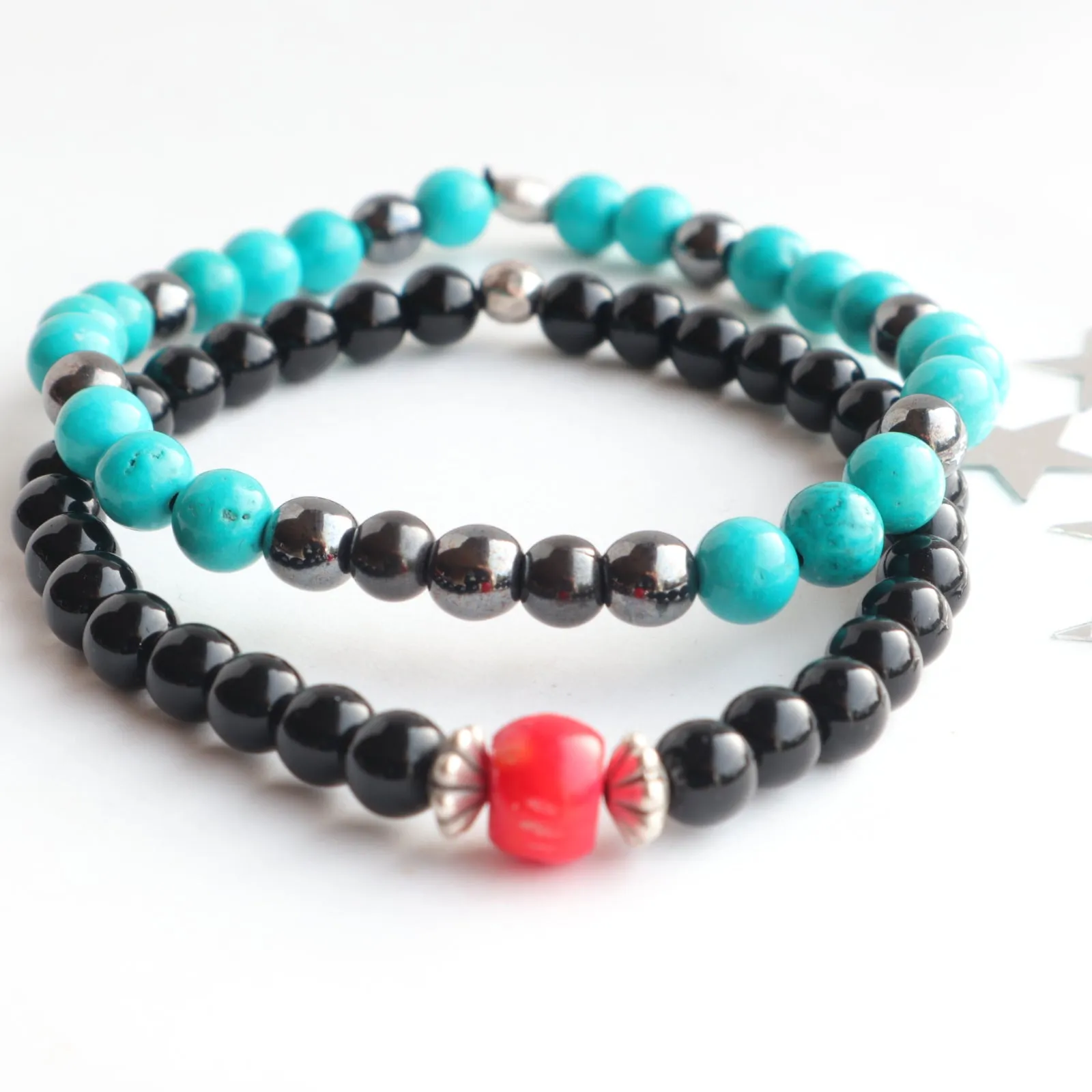 Black Rhombus red coral unisex/ men’s bracelet