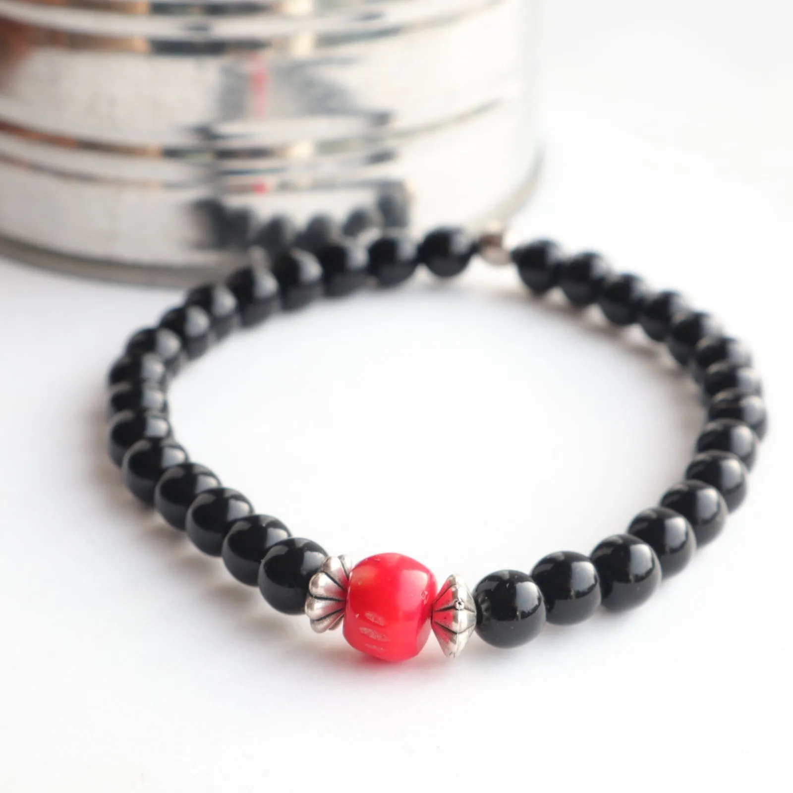 Black Rhombus red coral unisex/ men’s bracelet