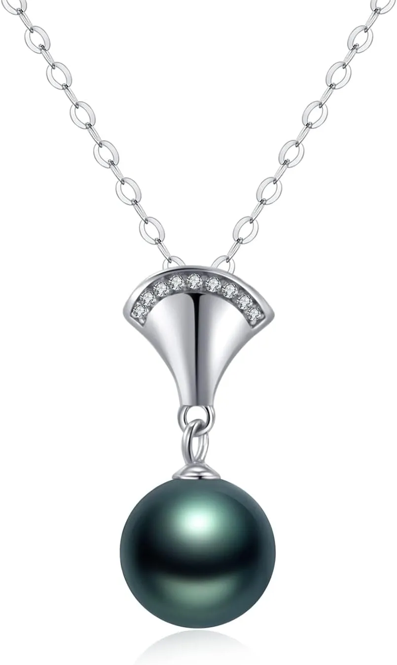 Black Tahitian Cultured Real Pearl Pendant Necklaces for Women with Genuine AAA Quality 9-10mm Pearls | Platinum Gold Plated 925 Sterling Silver Necklace Fine Jewelry Gifts