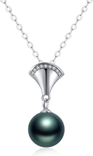 Black Tahitian Cultured Real Pearl Pendant Necklaces for Women with Genuine AAA Quality 9-10mm Pearls | Platinum Gold Plated 925 Sterling Silver Necklace Fine Jewelry Gifts