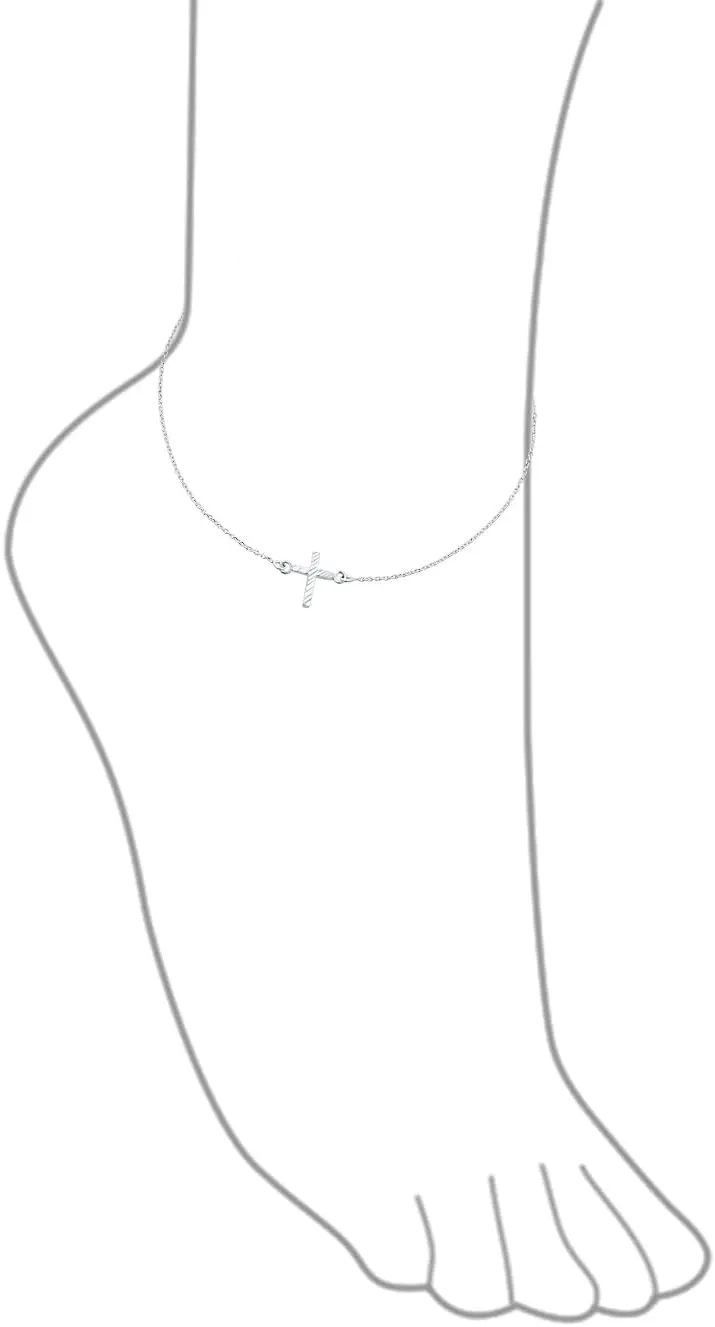Bling Jewelry Side Ways Cross Religious Anklet For Women Ankle Bracelet For Women .925 Sterling Silver Adjustable 9 To 10 Inch