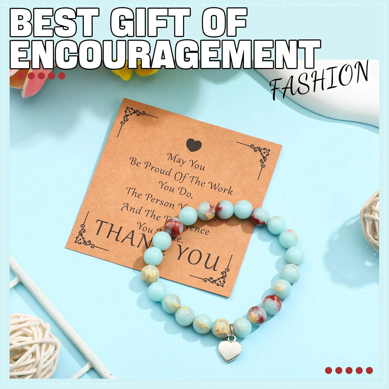 Blosssound 12 Pcs Teacher Appreciation Bracelets Bulk Thank You Gifts Inspirational Cards for Mother's Day Nurse CNA Week