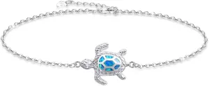 Blue Opal Sea Turtle Ankle Bracelet Sterling Silver Anklet Fine Jewelry For Women Gifts (Large Bracelet)